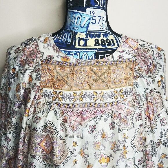 ANTHROPOLOGIE Floral Egyptian Cat Boho Silk Blouse Flowy Balloon Sleeves Size M - Picture 4 of 13